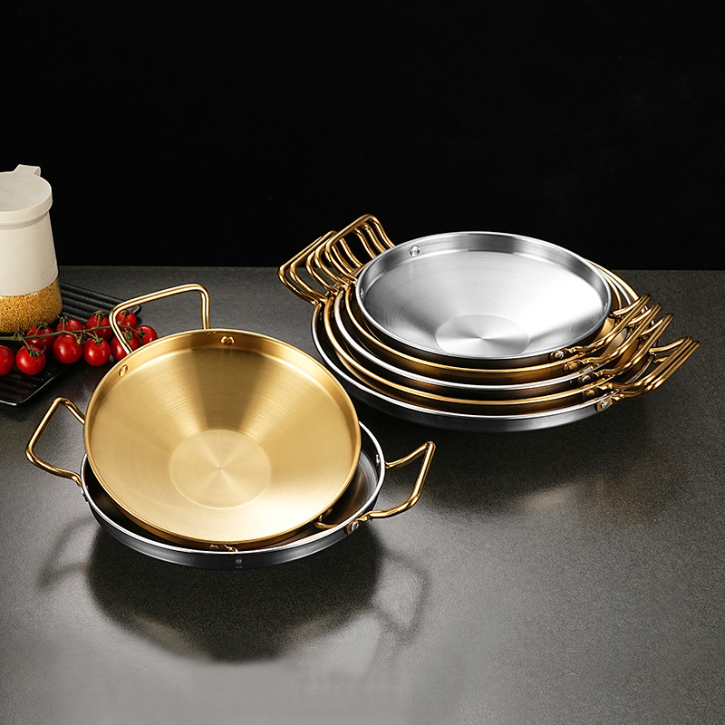 Stainless Steel Cantonese Dry Pot Golden Seafood Pot Hot Pot Household Double-Eared Wok Dish Plate Flats Bottom Shallow Pot Alcohol Stove Pot