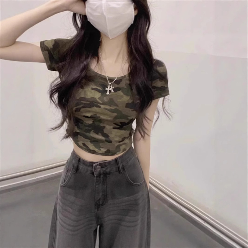 American Style Hot Girl Short Camouflage Short-sleeved T-shirt Summer Slim-fit Slimming Sweet Cool Unique Back Hollow-out Niche Top American Style Hot Girl Short Camouflage Short-sleeved T-shirt Summer Slim-fit Slimming Sweet Cool Unique Back Hollow-out Niche Top