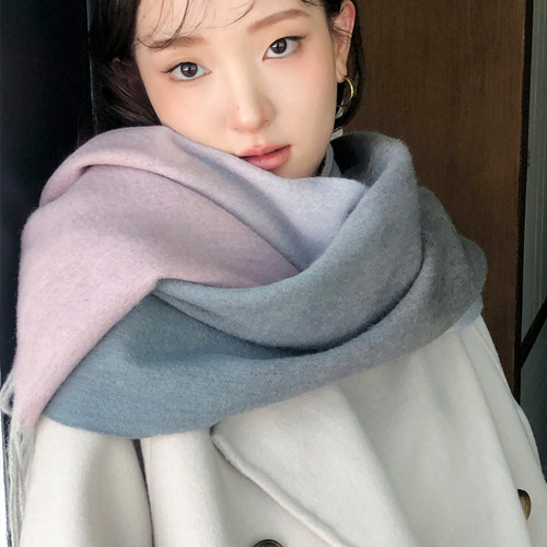 Gradient color pure wool scarf women's winter all-match tassel long double-sided color large shawl dual use  new style