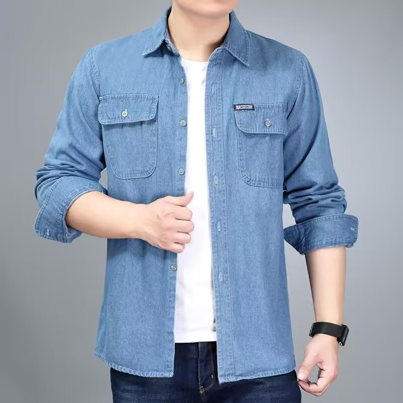 Young Men's Denim Shirts Spring, Summer and Autum Long-Sleeved Cotton Sun Protection Work Clothes Loose Plus Size Autum Clothes