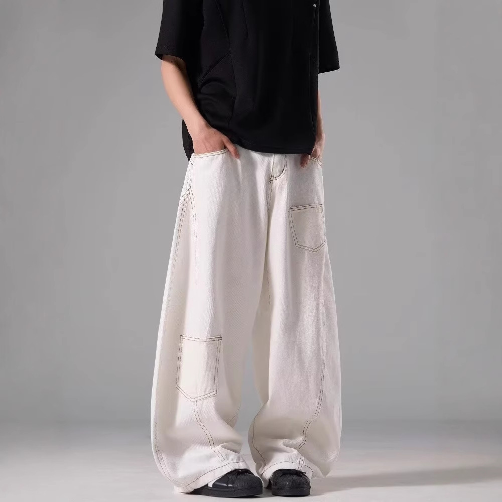 American Style Retro White High Waist Machete Jeans Men's Summer New High Street Design Sense Loose Slimming Wide Leg Pants