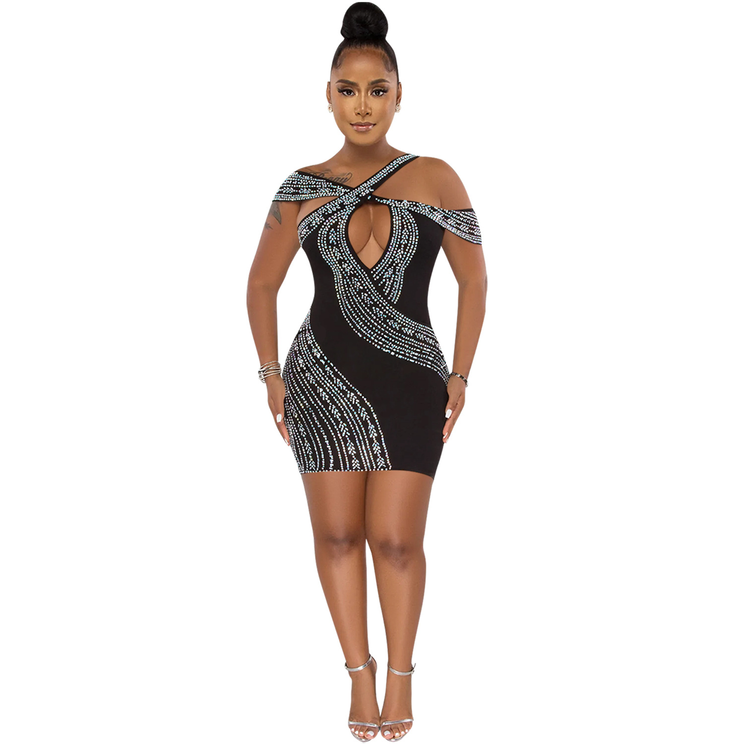 C5921 AliExpress Amazon moda europea y americana sexy discoteca rhinestone caliente hueco vestido midi image 6