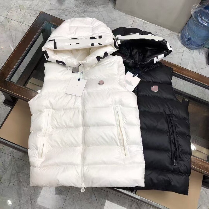 High-End Mongolian down Jacket Vest with Stand Collar, Letter Print, Hooded Thermal Vest, Unisex Correct Version Nfc