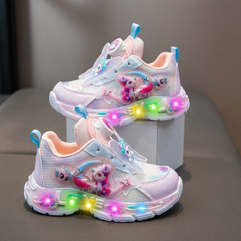 Детская новая мультяшная светящаяся обувь пони Поли светящаяся обувь для девочек кампусная обувь весенняя сетчатая спортивная обувь