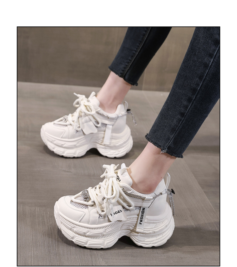 Giày sneaker nữ đế dày chunky mặt lưới thoáng khí, tăng chiều cao bên trong, đính đá rhinestone thời trang — Màu be chi tiết 15