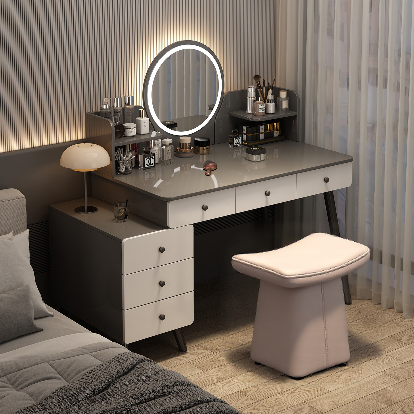 2025 nuevo dormitorio simple moderna mesa de maquillaje de madera maciza de lujo ligera alta sensación de cabecera de cama armario en uno