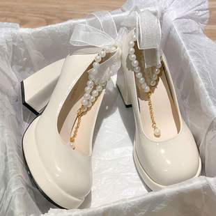 High-Heeled Small Leather Shoes for Women Spring & Fall 2025 New White Wedding Shoes Leather Shoes Retro Thick Heel Thick Sole Heightening Mary Jane