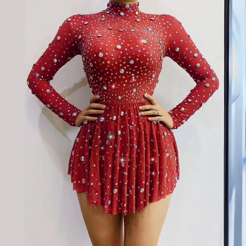 GC Nightclub Stand Collar Sexy Rhinestone Elastic Ultra Short Hip-hugging Short Skirt Party Party Dress Stage Performance Clothing xt