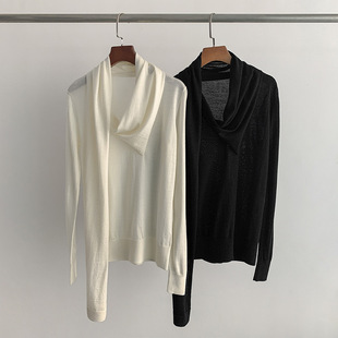 Minimalist Romantic Wool Scarf Collar Base Shirt Spring and Autumn Solid Color V Collar Stitching Scarf Long Sleeve Thin Knit Shirt for Women