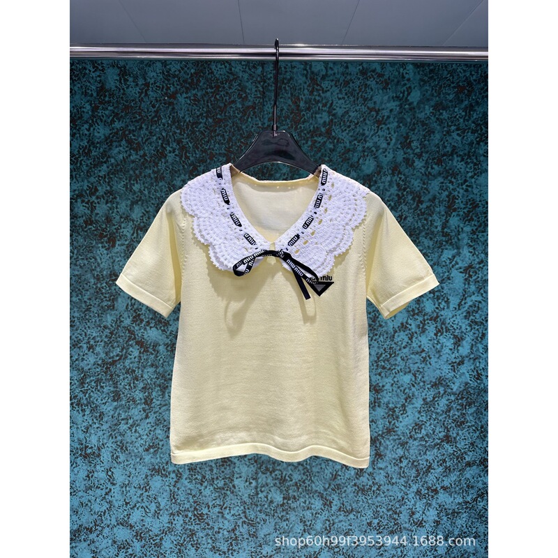 mm25春夏新款甜美减龄重工拼接娃娃领针织短袖女款|undefined