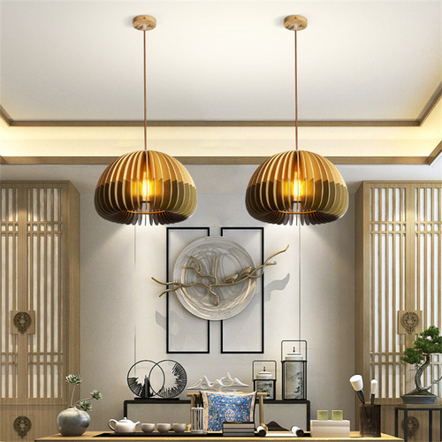 Bedroom Tea Room Hotel Homestay Dining Table LED Pendant Light New Chinese Creative Natural Solid Wood Restaurant Lamp Pleated Shade