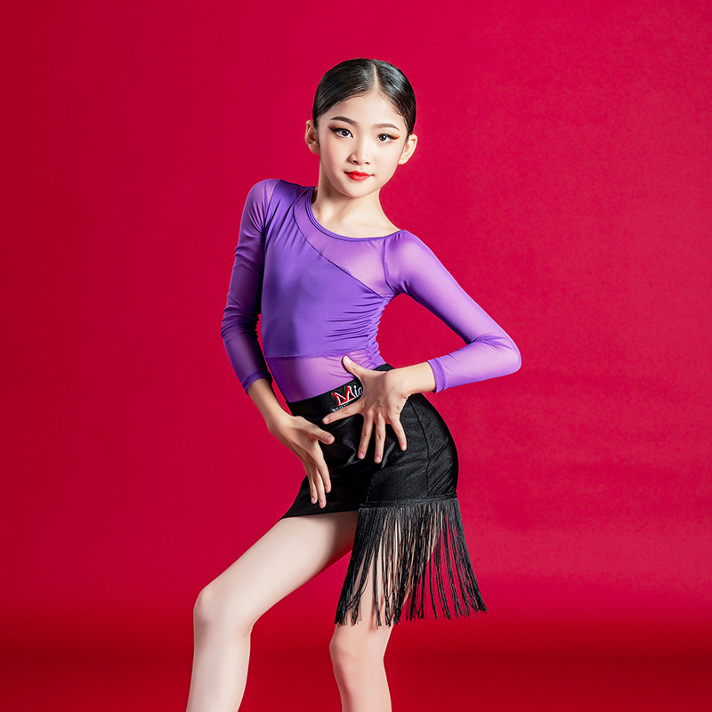 Purple Girls Latin Dance Dress Latin girls practicing dance art exam net yarn tassels ballroom salsa dance costumes children dance training performance