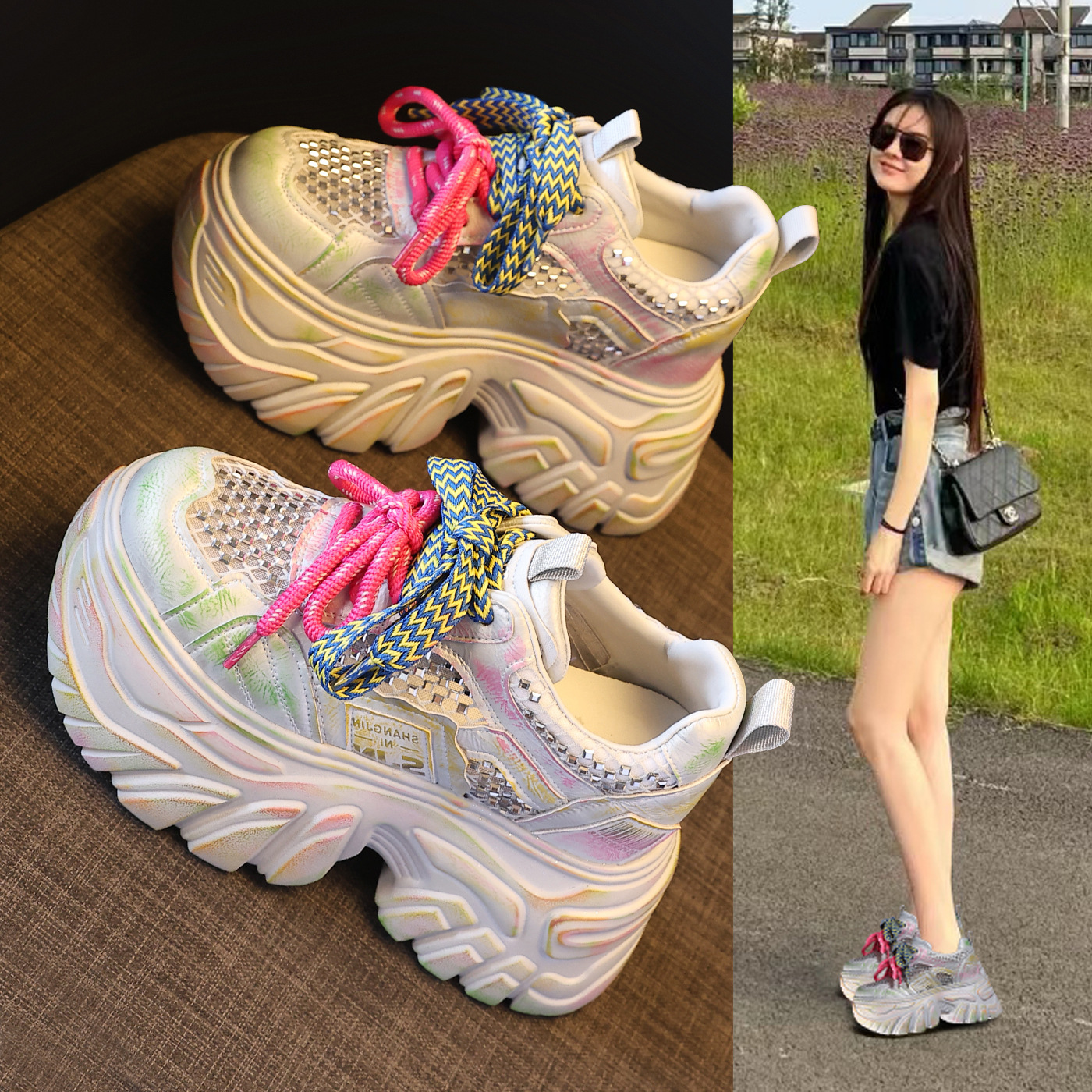 Giày sneaker nữ đế dày tăng chiều cao phong cách thể thao mùa hè — màu hồng