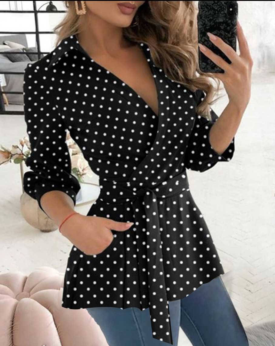 2023 estación independiente deseo Amazon popular otoño nuevo impreso manga larga cuello en V cinturón camisa para las mujeres