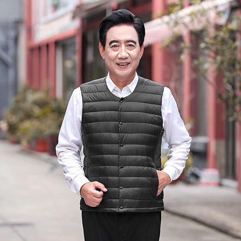 Otoño y invierno padre hombre chaleco de pluma de mediana edad chaleco de cuello redondo chaqueta de hombro delgada abrigo corto cálido