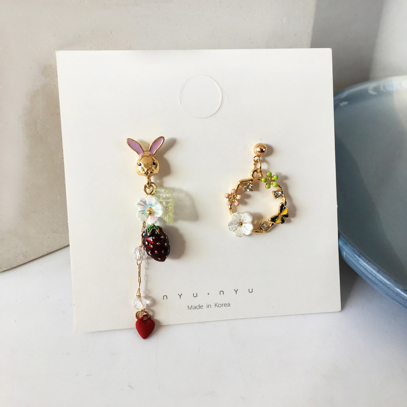 S925 Silver needle Sen family strawberry Flower Ear Studs lovely Bunny Earrings originality Aesthetic Asymmetry tassels Earrings