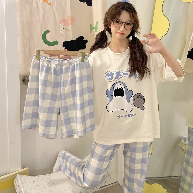 2025 nuevo pijama de mujer de verano delgado japonés pantalones de manga corta tres piezas set ropa de casa letras de verano