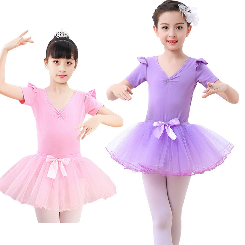 Танцевальная сценическая одежда костюм Детский танец одежда для тренировок девочек балет танец с коротким рукавом Летний детский сад