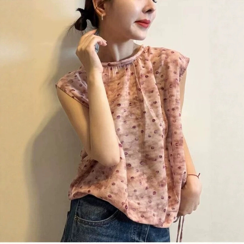 French-Style Polka Dot Sleeveless Shirt for Women, 2026 Summer New Loose Fit, Slimming, Versatile Polka Dot Drawstring Trendy Top