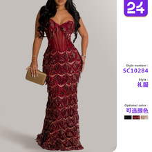 2025年新款欧美亚马逊外贸亮片聚会长裙 时尚吊带包臀A字裙连衣裙