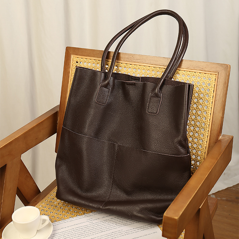 New Genuine Leather Large Capacity Shoulder Tote Bag For Women High-End Minimalist Commuter Soft Cowhide Bucket Bag - Thumbnail 7
