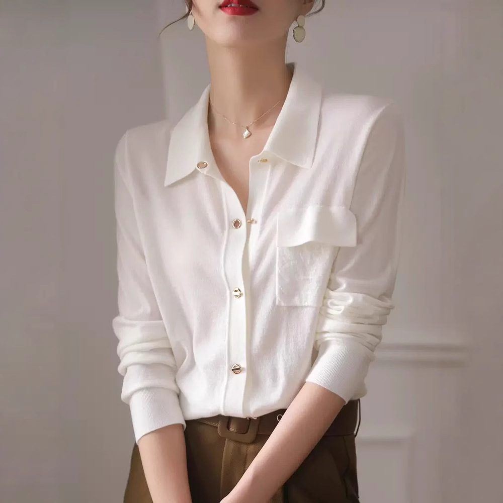 홍콩 쌀 2025 통근 직장 CP 셔츠 화이트 스웨터 카디건 여성용 옷깃 우아한 틈새 니트 셔츠