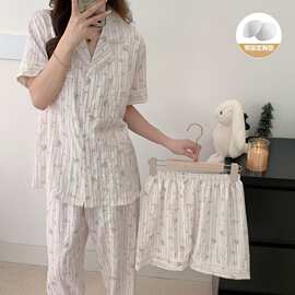 云朵棉带胸垫睡衣女夏季三件套 翻领紫条纹卡通家居服