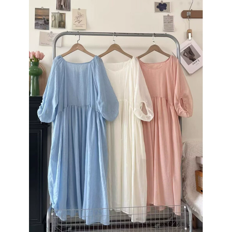 Летнее платье свободного кроя, однотонное, реглан, три четверти рукава, на бретелях, длинная юбка