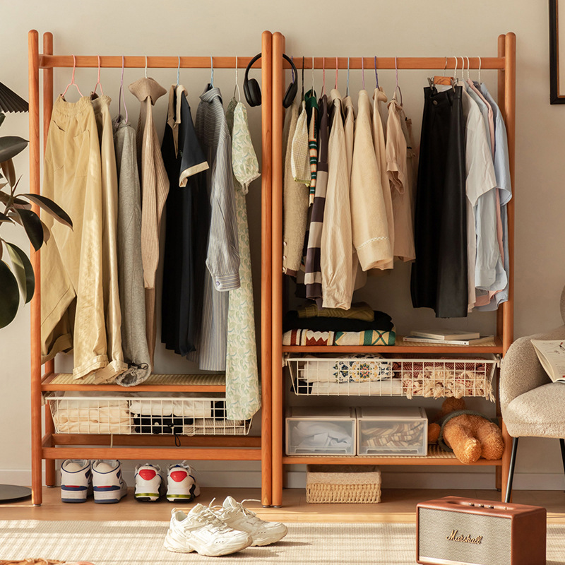 Nordic Solid Wood Hangers Rattan Floor Coat Rack Bedroom Multi-functional Small Hangers Cherry Wood Storage Rack