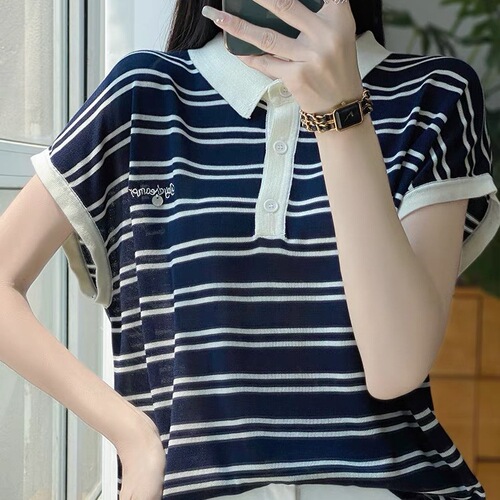 Baby Collar Striped Short Sleeve T-Shirt for Women - Summer 2025 Base Shirt for Women - Stylish Women's Fashion Chiffon Knit Top