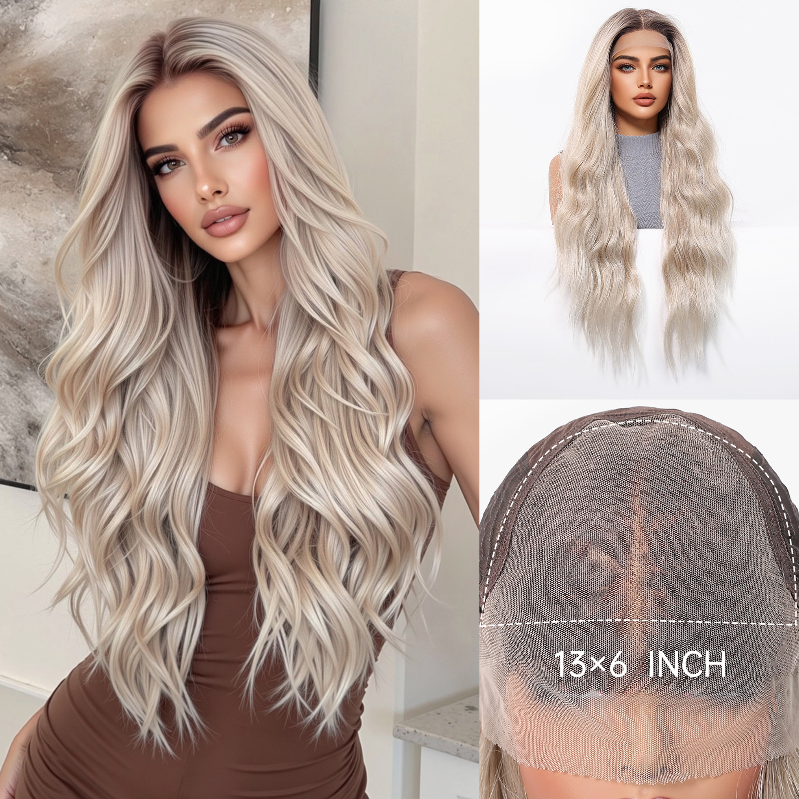 Venta caliente transfronteriza 13*6 pelucas de encaje de gran superficie de la fábrica femenina Spot marrón claro, corte de pelo largo y rizado, realista y transpirable