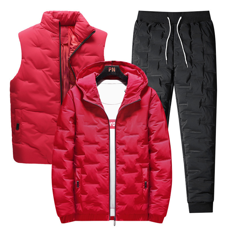 Algodón para hombres grueso abrigo de invierno nuevo abrigo de invierno de tres piezas chaqueta de plumón cálida moda guapo conjunto