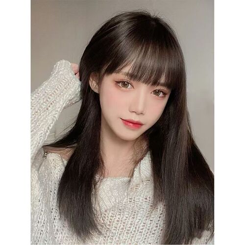 Air bangs girl straight bangs long curly hair long ponytail long straight hair fluffy real girl wig direct sale