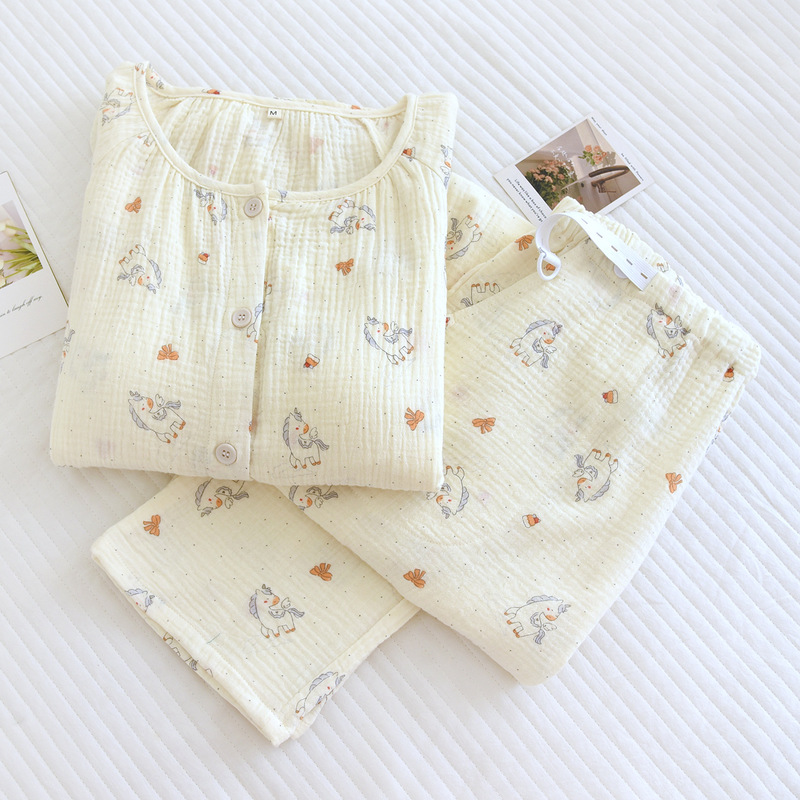 Spring and Autumn Style Pure Cotton Gauze Women's Maternity Pajamas, Crepe Nursing Sleepwear, Pregnancy and Postpartum Nursing Loungewear with Chest Pads