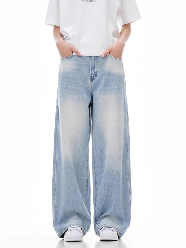 Light Blue Jeans All Seasons Thin Washed Straight Loose Wide-Leg American High Street Trendy Men's Wide-Leg Jeans