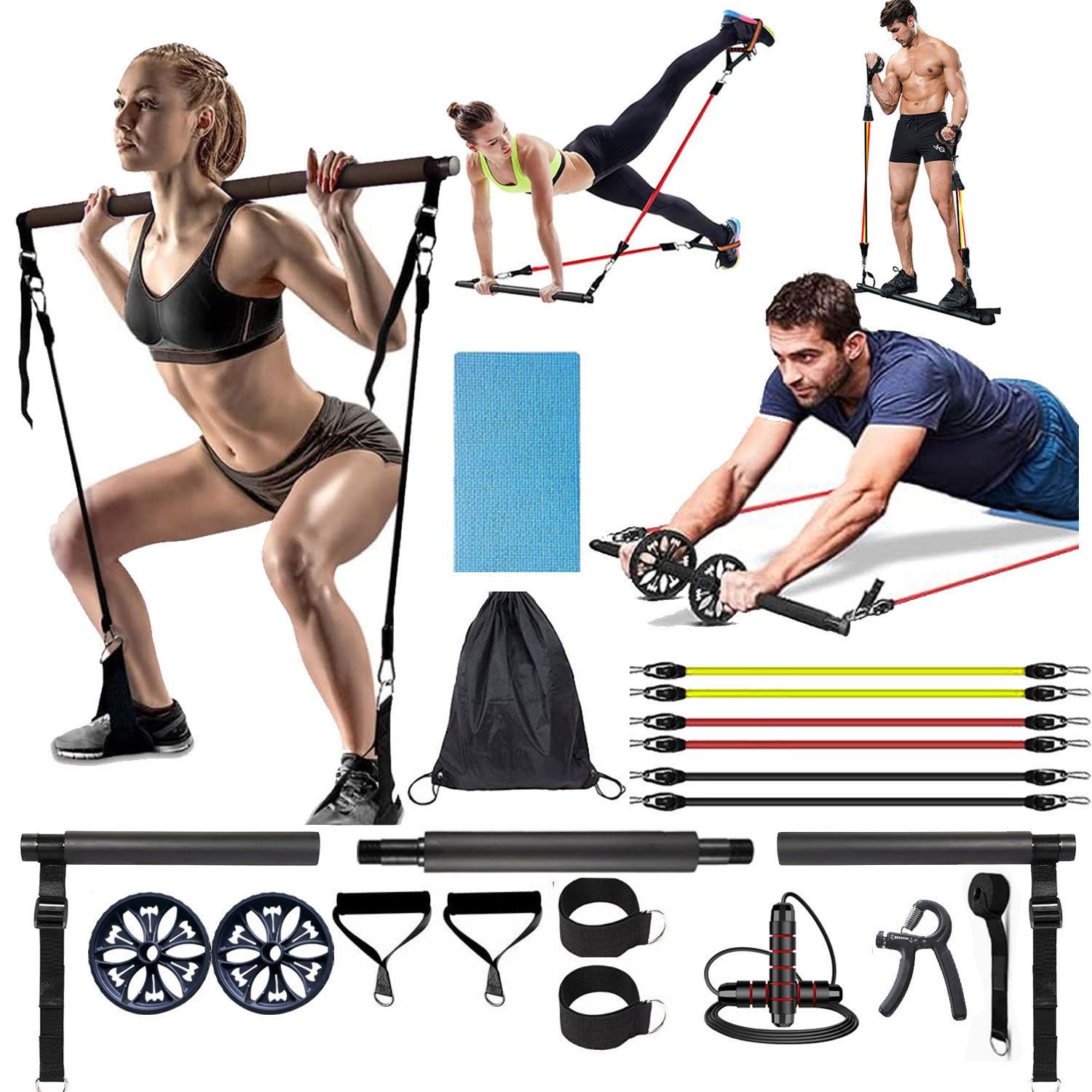 Multifunctional three-section Pilates stick strength training yoga fitness stick home abdominal wheel pull rope fitness suit