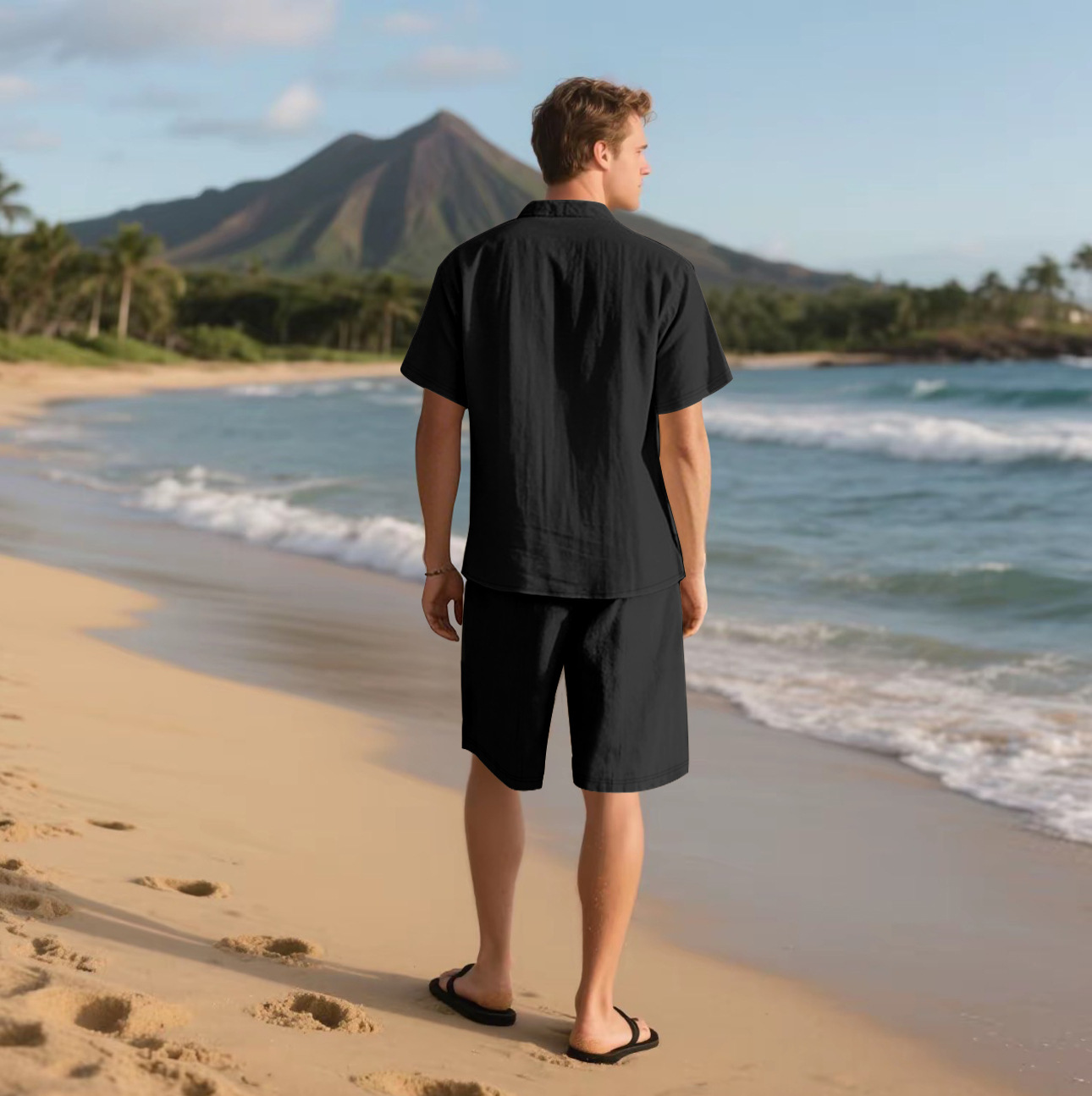 Herren Leinenhemd Mit Shorts Set Sommer Freizeit Strandoutfit_voghion.com