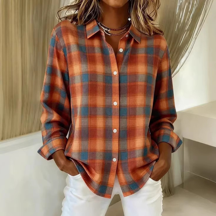 Cross-Border Amazon New Model 3D Digital Printing Loose Plaid Retro Style Lapel Women's Long-Sleeved Shirt Women's Clothing Cross-Border Amazon New Model 3D Digital Printing Loose Plaid Retro Style Lapel Women's Long-Sleeved Shirt Women's Clothing