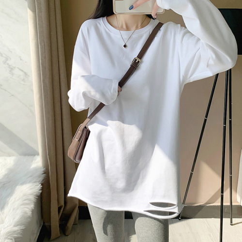 Women's Loose and Slimming Long Sleeve T-shirt with Holes, Mid-Length, Innerwear, 2025 Autumn/Winter, Fleece Lined and Thickened Crew Neck Top