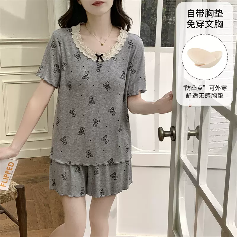 夏季新款莫代尔凉感睡衣女士带胸垫固定短袖短裤卡通舒适可外穿