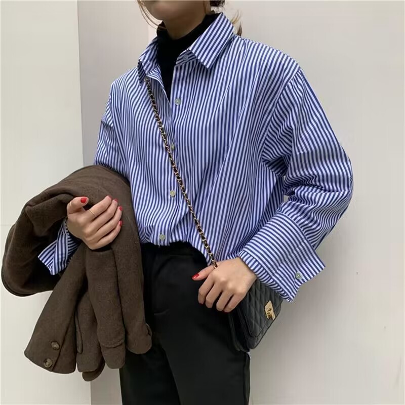 Autumn 2026 New Korean Style Loose Long-Sleeve Striped Shirt for Female Students with a Unique Design and Retro Style