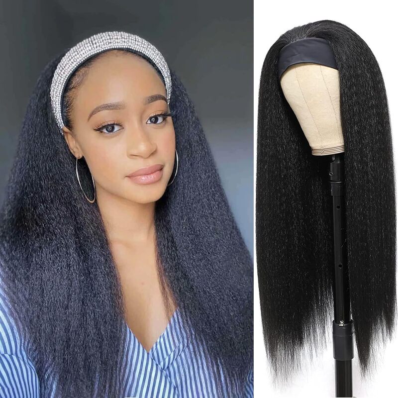 [Wig] Yaki Straight Hair Ice Silk Hairband Headscarf Wig Headbandwig Long Curly Hair Ladies Long
