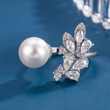 新款闪钻树叶珍珠戒指女小众设计轻奢高级感食指戒冷淡风指环女