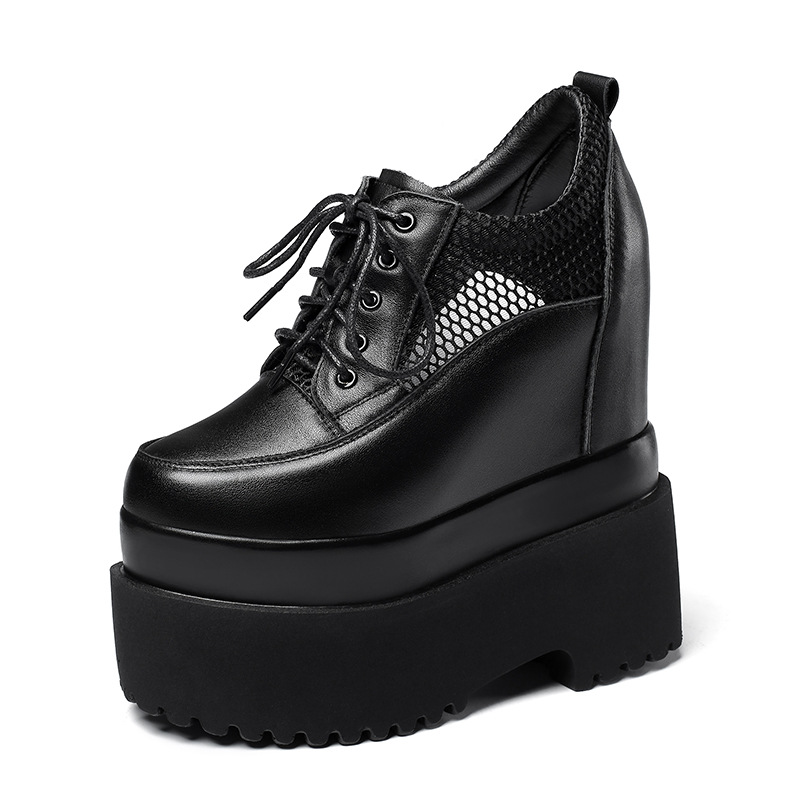 Giày sneaker nữ đế dày tăng chiều cao 16 cm, dây buộc, lưới thoáng khí — màu đen