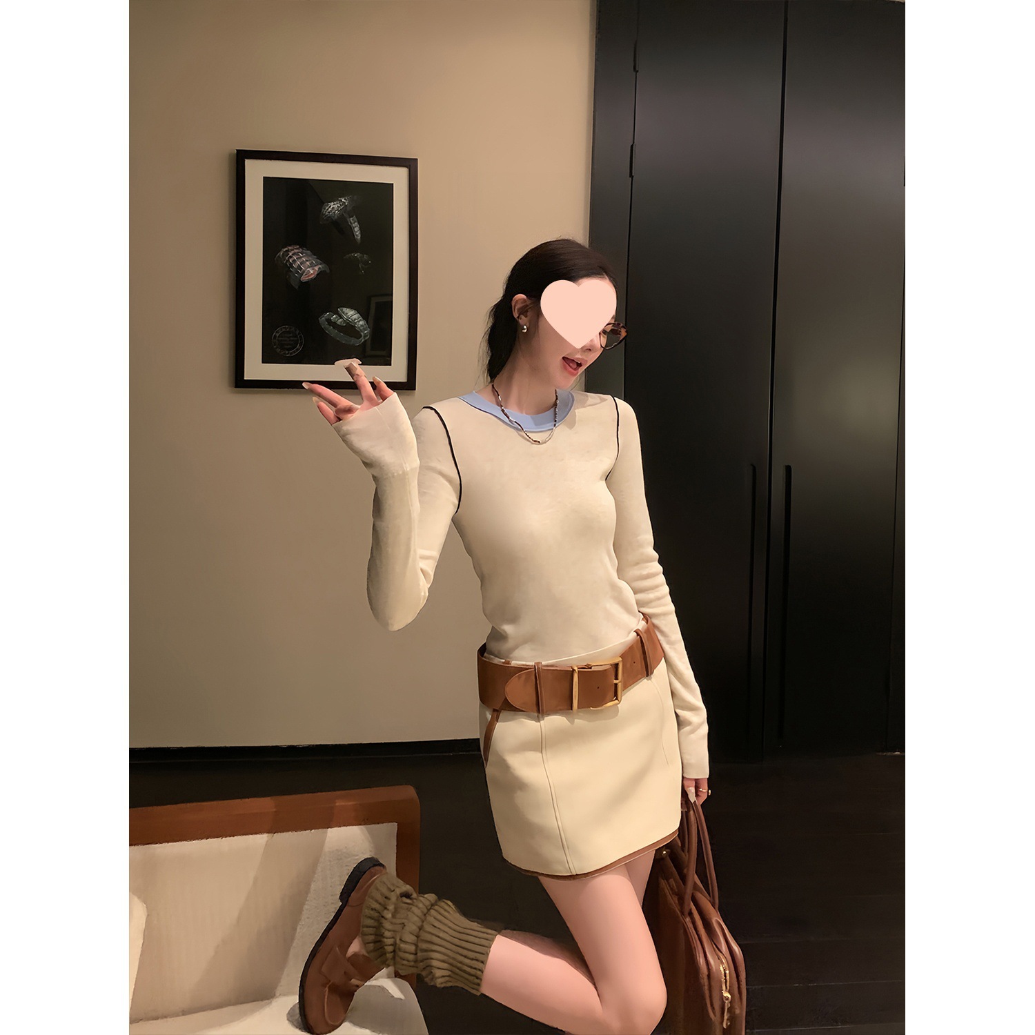 欧陽ベルト付きショートスカート レディース 冬新作 ハイウエスト スリムショートスカート レトロAラインスカート