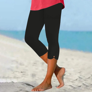2024 European and American New Women's Casual New Printed Stretch High Waist Elastic Capri Pants Holiday Style Beach Base