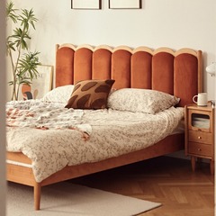 Nordic Solid Wood Bed Cherry Wood Soft Package Cream Style Retro 1.5 Single Bed 1.8 Meters Master Bedroom Double Bed Original Wood Bed 