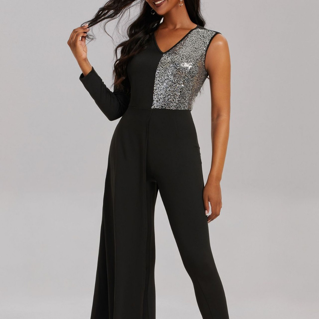 Cross-border Mujeres de Europa y América del mono de moda sexy V-cuello de lentejuelas costura delgado de un solo hombro fiesta noche mono