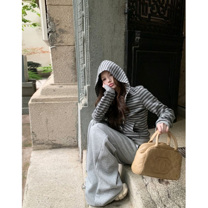 Korean Style Simple Casual Fashion Women's Autumn Striped Hooded Sweatshirt Casual