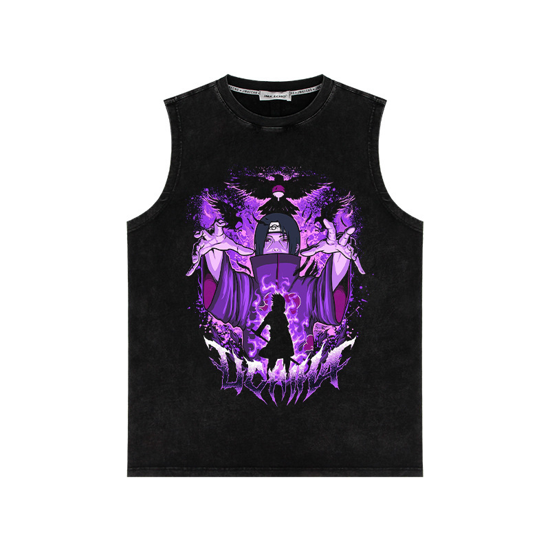 Summer New Style Washed Distressed Pure Cotton Sleeveless T-Shirt Naruto Anime Loose American Retro Trendy Brand Vest